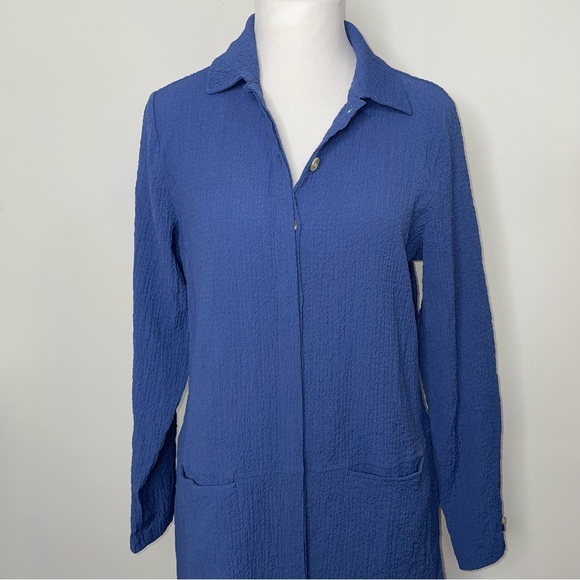 Norm Thompson Button Up Tunic Shirt Women's L Large Blue Textured Long Sleeves - Picture 2 of 14